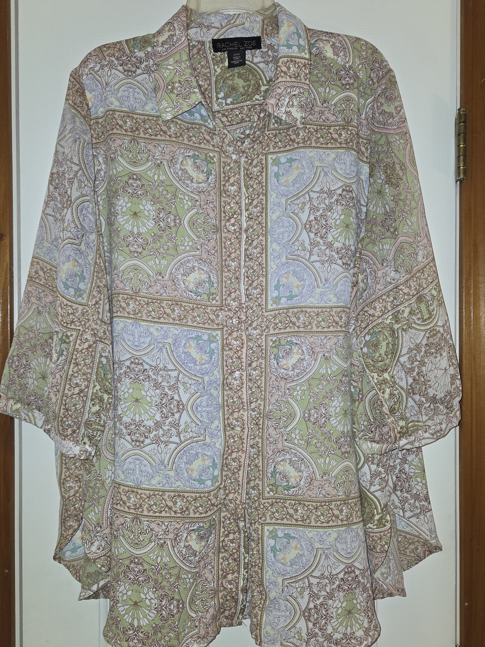 Rachel Zoe Pastel Paisley Button-Front Tunic Top - Green, Blue, Brown